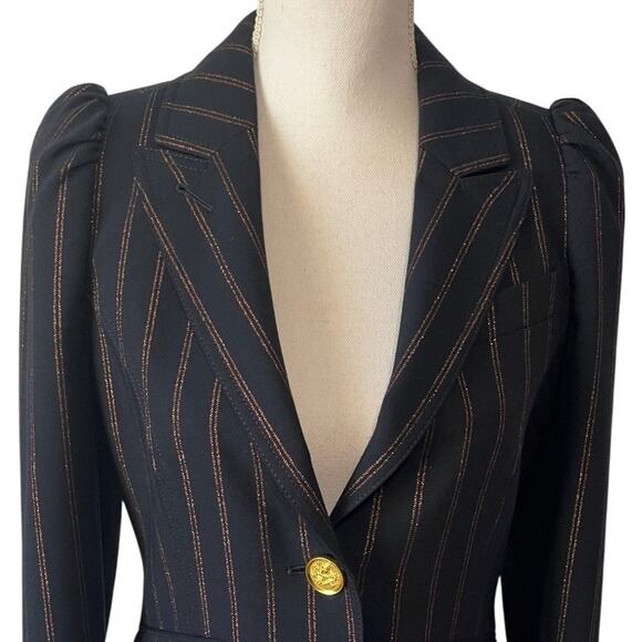 Smythe Navy Copper Pinstripe Puff Shoulder Blazer Tailored Jacket Power Size 6 - Picture 5 of 9
